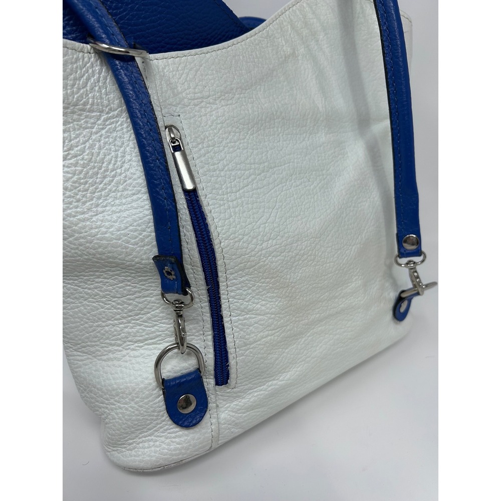 Genuine‎ Leather Made in Italy White Blue Slouchy Shoulder Bag Tote Pebbled - Picture 4 of 13